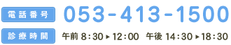 電話番号：053-413-1500　診療時間：午前 8:30～12:00　午後 14:30～18:30